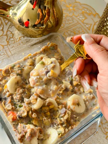 A breakfast bowl that is full of nutrition, health, and happiness. This one combines muesli, soaked chia seeds, and fresh banana slices in milk for a meal that's great for your body and tastes amazing.