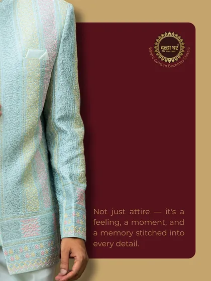 Not just attire, it's a feeling. This image highlights the sleeve detail of the pastel-striped jacket, emphasizing the memory stitched into every detail.