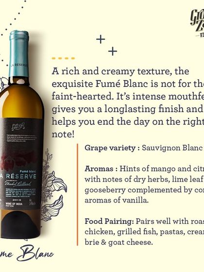 A duplicate of 124, this infographic details the rich, creamy texture and complex aromas of vanilla, mango, and citrus in our La Réserve Fumé Blanc. It is a bold white wine for a discerning palate.