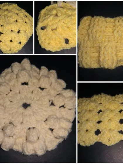 This collage showcases different ways to create thick, textured crochet fabric. These patterns, like the bobble stitch and shell stitch, are wonderful for making cozy blankets, washcloths, or potholders.