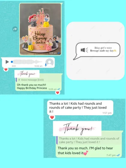 A voice message from the birthday girl and a text from her mom saying the kids had a "cake party" with the princess cake.