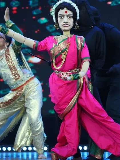 Another shot of the Lavani dancer puppet in a graceful pose. Creating puppets that can perform complex traditional dance forms requires a deep understanding of both puppetry and the dance itself.