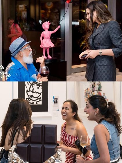 Laughter and lively discussions are a common sight at our events. This collage captures the joy and engagement our guests experience while interacting with playful and thought-provoking pop art sculptures.