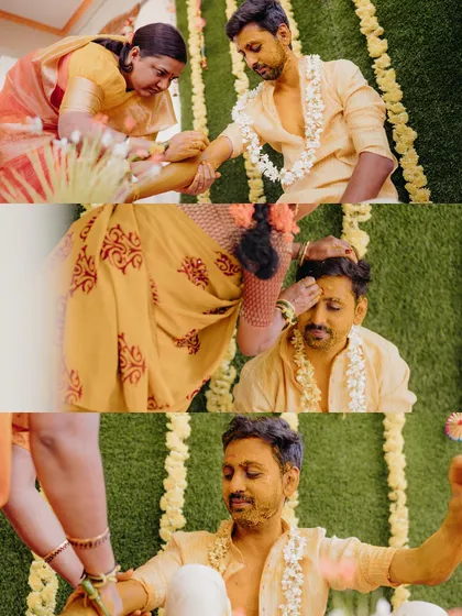 A collage of a groom's Mangalasnanam, showing the traditional rituals and blessings.