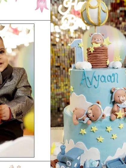 A photo album style layout showing the birthday boy next to his elaborate, themed cake. I offer custom album designs to preserve your memories.
