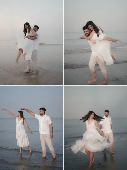 More candid moments from a fun-filled beach session. From piggyback rides to dancing by the waves, these photos capture the genuine laughter and joy that make your relationship unique.