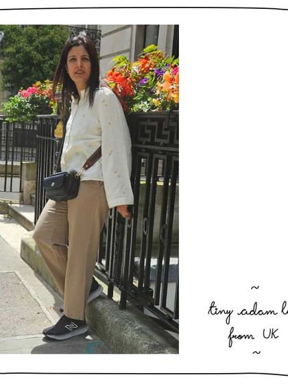 Deepa's sister in the UK with her Tiny Adam bag. A versatile little bag that's perfect for exploring the city.