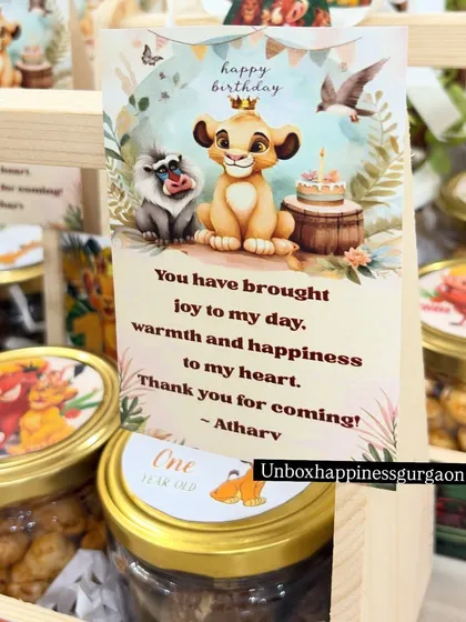 This close-up shows the heartwarming, personalized thank you message on the 'Lion King' themed return gift card.