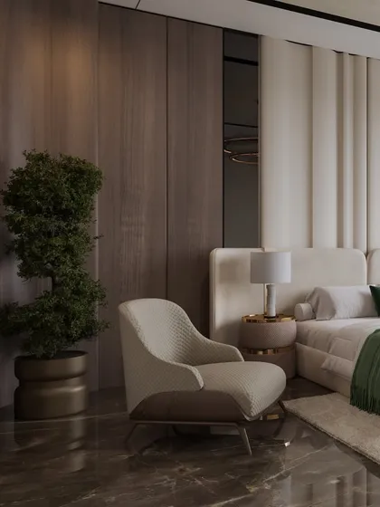 A guest bedroom render with a focus on a dark, moody palette. The visualization captures the texture of the dark wood paneling and the soft glow of the bedside lamp.