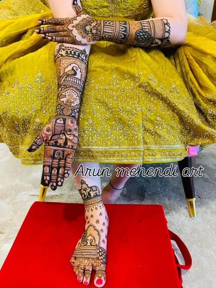 This unique bridal set features a full leg design on one side and a full arm design on the other, both telling a story with portraits and traditional figures.
