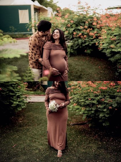 A collage from a garden session, showing the couple in a loving embrace and a solo shot of the mom-to-be walking through the flowers.