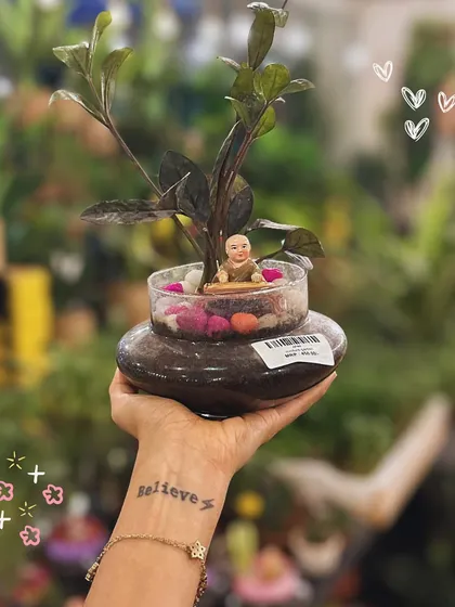 A peaceful scene with a meditating Buddha figurine inside this two-tiered planter. This arrangement is perfect for creating a calm and serene corner in any home.