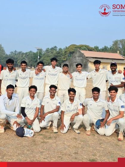 The full K. J. Somaiya Polytechnic Cricket Team and coaches after their 12-run victory in the IEDSSA Zonal Cricket Competition.