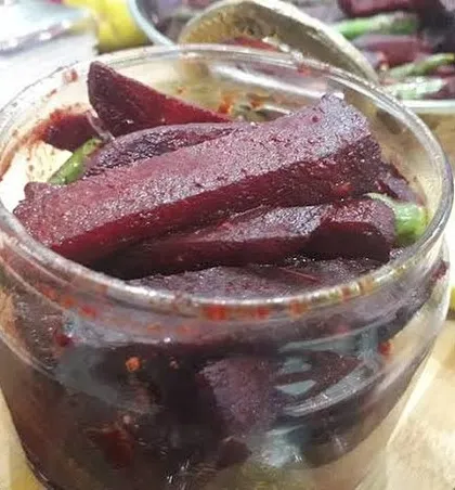 My homemade beetroot pickle, a jar full of earthy flavour and vibrant colour. It's a healthy and tasty addition to any meal.