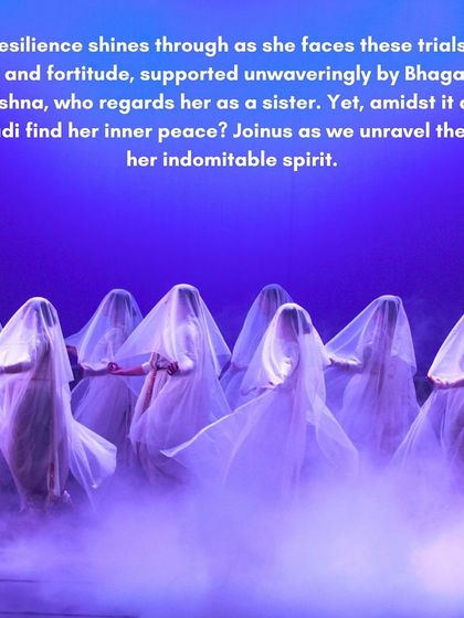 Draupadi's resilience is a central theme, supported by her unwavering faith in Krishna. This scene, with its ethereal lighting and flowing costumes, symbolizes her inner peace amidst turmoil and the protective grace that surrounds her.
