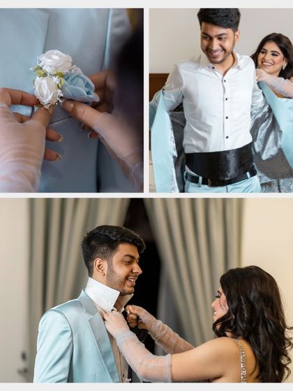 A collage showing the bride helping the groom get ready, a sweet and intimate series of moments before their reception.