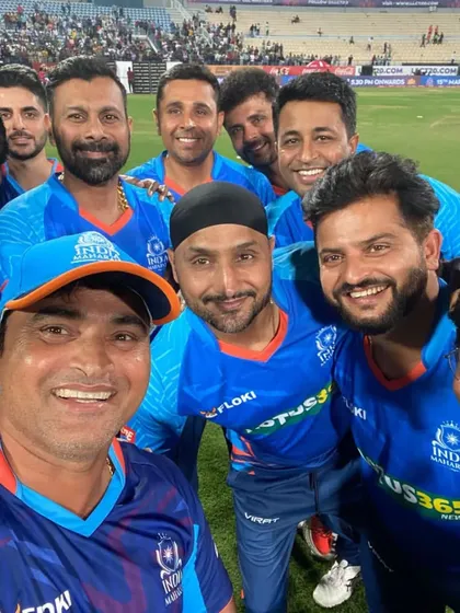 A celebratory selfie with my India Maharajas teammates, including legends like Harbhajan Singh and Suresh Raina.