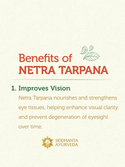 Digital eye strain is a common complaint I address. This graphic highlights a key benefit of Netra Tarpana, an Ayurvedic therapy that nourishes eye tissues to improve vision and provide relief from screen-induced fatigue.