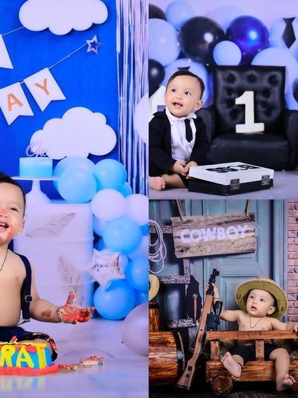 A collage showing a cake smash, a Boss Baby theme, and a cowboy theme, all perfect for a first birthday.