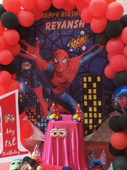 The full stage setup for the Spiderman themed first birthday party.