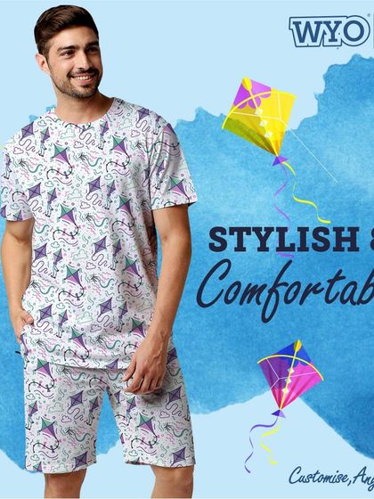 A stylish and comfortable co-ord set with a kite pattern, perfect for celebrating Makar Sankranti with ease and flair.