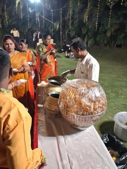 Guests gathering around the pani puri station at a haldi event in Uran. Live counters create a fun and interactive atmosphere at any function.