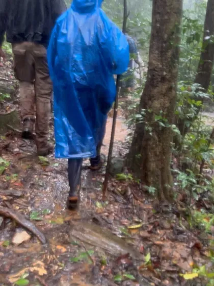 Navigating a muddy, rain-soaked trail in the forest. We provide the guidance and support you need for a safe monsoon trekking adventure.