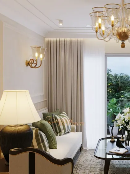 A closer look at the refined details, including the classic table lamp, wall sconces, and the delicate pattern on the sofa, which add layers of sophistication.