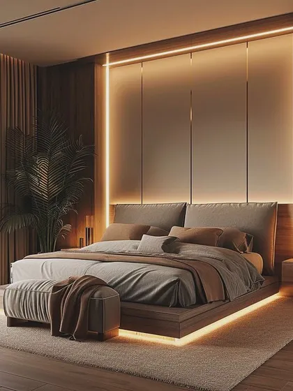 A luxurious bedroom concept with a floor-to-ceiling wood-paneled wall and vertical light strips. The low-profile bed and matching bench create a grounded, hotel-like feel, perfect for a master suite.