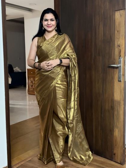 This is the golden saree from Deziremore Clothing that I featured in my video. It's such a showstopper and a testament to the amazing craftsmanship of our local brands.