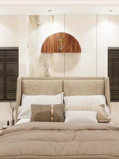 This bedroom design features a unique circular wooden art piece above the bed, flanked by dark window blinds, creating a balanced and earthy feel.