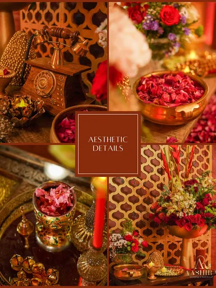 A mood board of aesthetic details from the event, capturing the essence of the traditional decor, from the vintage telephone to the brass bowls of petals.
