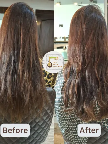 No blow-dry needed for this frizz-free finish. After a consultation and a healthy haircut, just two drops of my customized plant-based Argan frizz tamer were used to achieve this smooth, natural look.