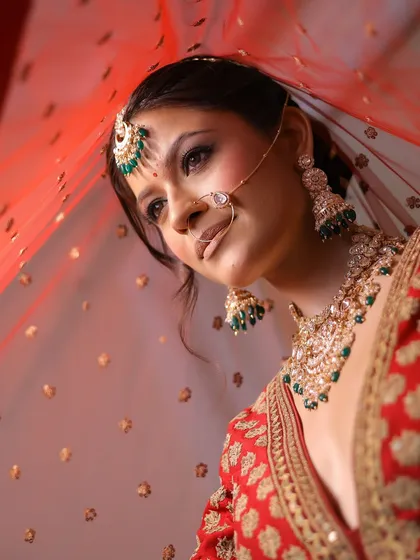 A close-up shot under the veil, highlighting the bride's glowing complexion and mesmerizing eyes. This is the kind of dreamy, romantic shot that every bride cherishes.