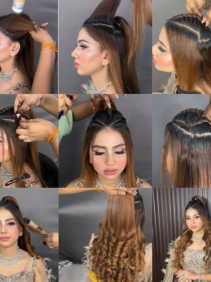 A collage showing the step-by-step process of creating the high ponytail with front braids and curls.
