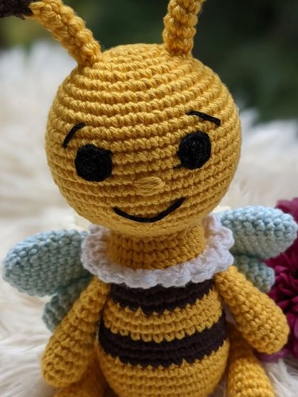 A close-up of the honey bee's smiling face.