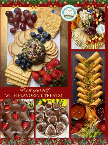My holiday platters are perfect for your Christmas and New Year's parties. This collage shows a festive spread including cheese platters, spring rolls, and chocolate desserts, offering something for everyone to enjoy.