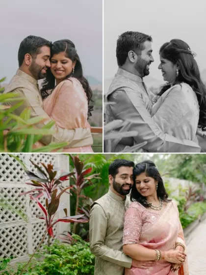A collage of romantic couple portraits in a lush garden setting, with a mix of color and black and white shots.