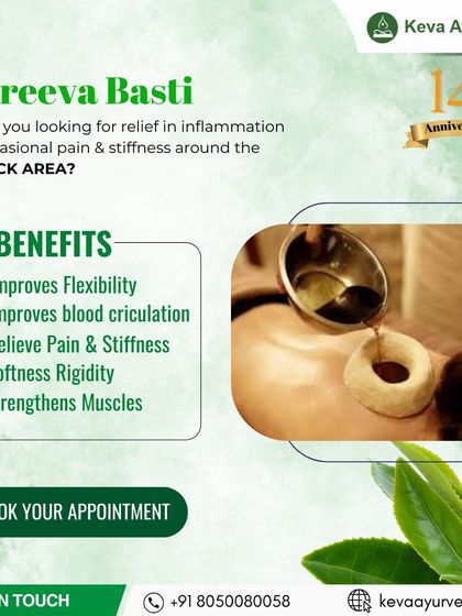 Greeva Basti is one of our key treatments for neck stiffness and pain. This therapy improves blood circulation and flexibility, strengthens muscles, and provides significant relief from rigidity.