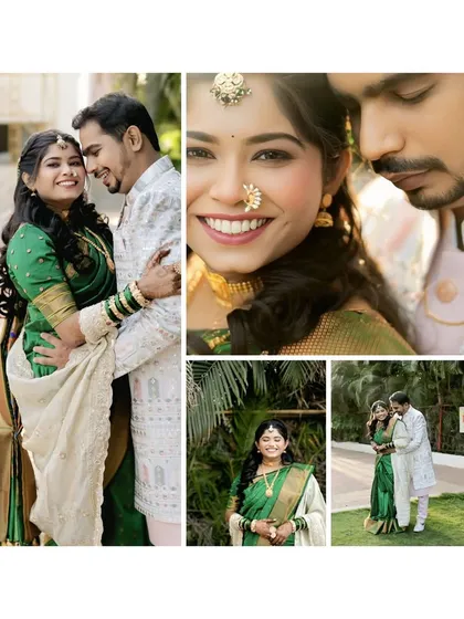 A collage capturing the best moments from the engagement photoshoot, including couple portraits and stunning close-ups of the bride.
