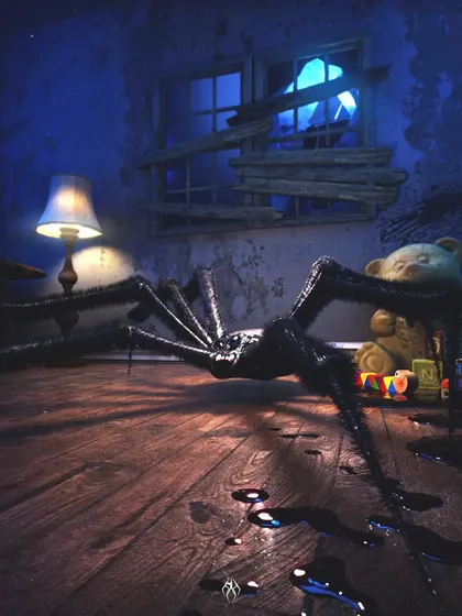 My take on a classic arachnophobia nightmare. I modeled this giant, hairy spider invading a child's bedroom, focusing on creating a sense of scale and menace within a familiar setting. The pools of black liquid add to the mystery and dread.