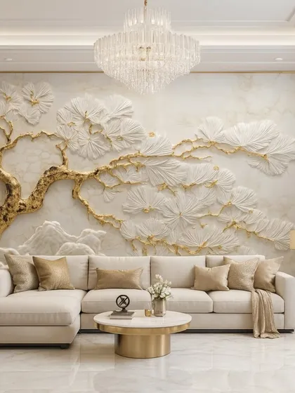 This luxury wallpaper combines a marble background with a 3D embossed tree design. The golden branches and white leaves create a striking and opulent feature wall.