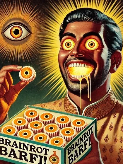 A fake ad for 'BRAINROT BARFI!'. This piece uses a vintage Indian sweet box design to satirize the addictive, mind-numbing nature of some internet content.