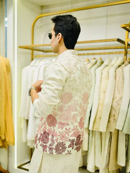 Another angle of the floral embroidered bandhgala, showing how the design wraps around the body for a seamless and artistic look.