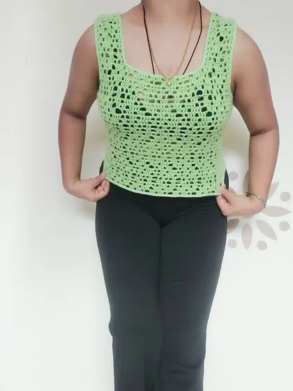 This is my Distressed Mesh Top in a lovely lime green. It features a modern square neckline and an edgy, openwork design for a cool, breathable feel.