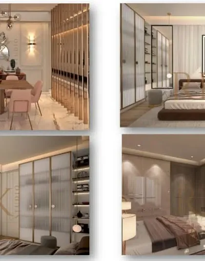 A collage of 3D renders showing different rooms from a single project, including the dining room, master bedroom, and TV lounge. This helps the client visualize the entire home's aesthetic.