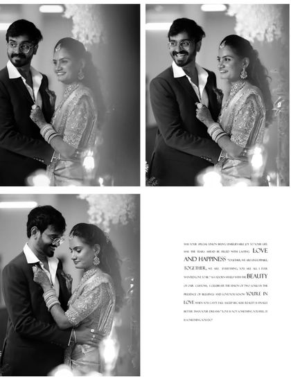 A collage of the couple in black and white, capturing their tender and romantic moments with an artistic flair.