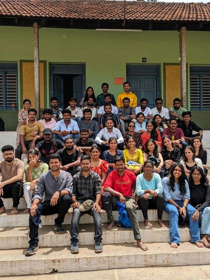 A full batch photo from our Netravathi trek, taken at the homestay.