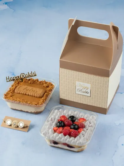The Sibling's Gift Box comes with two of our popular dessert tubs and a rakhi, all packed in a convenient and festive box.