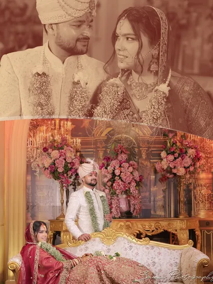 A collage of the couple's portraits from their wedding day, featuring both sepia-toned and color images.